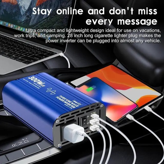 Alt view image 4 of 7 - 300 watt Pure Sine Wave Car Inverter 12V DC to 110V AC Power Inverter Converter with 30W PD USB-C & QC3.0 Fast Charging & AC Outlet for Vehicle Truck RV