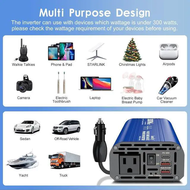 Alt view image 5 of 7 - 300 watt Pure Sine Wave Car Inverter 12V DC to 110V AC Power Inverter Converter with 30W PD USB-C & QC3.0 Fast Charging & AC Outlet for Vehicle Truck RV