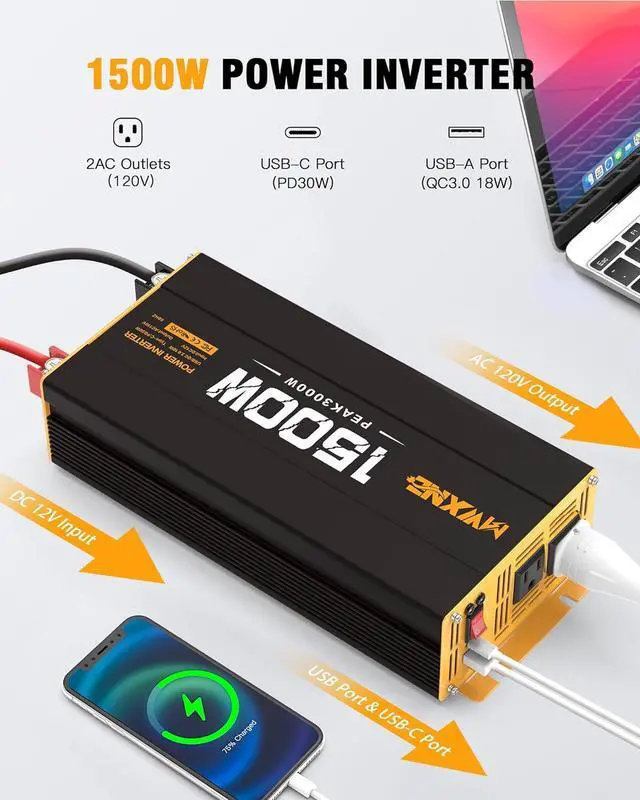Alt view image 2 of 7 - 1500W Power Inverter, 12V DC to 120V AC Converter with Dual AC Outlets,QC3.0 18W USB and 30W Type-C, Car Inverter for Truck RV Home - Black/Orange