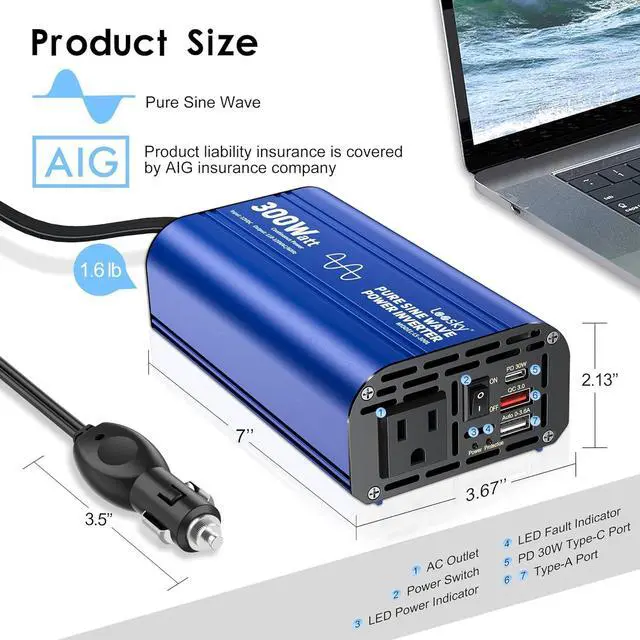 Alt view image 7 of 7 - 300 watt Pure Sine Wave Car Inverter 12V DC to 110V AC Power Inverter Converter with 30W PD USB-C & QC3.0 Fast Charging & AC Outlet for Vehicle Truck RV
