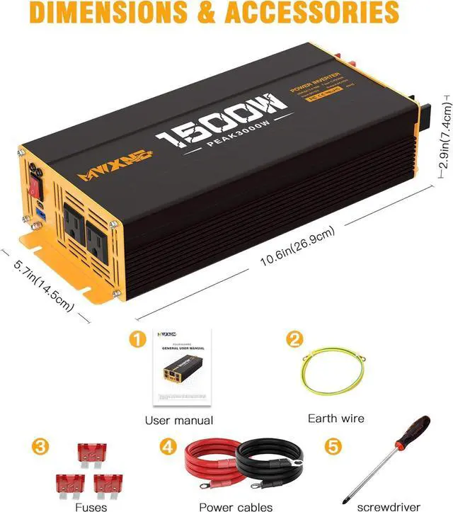 Alt view image 7 of 7 - 1500W Power Inverter, 12V DC to 120V AC Converter with Dual AC Outlets,QC3.0 18W USB and 30W Type-C, Car Inverter for Truck RV Home - Black/Orange