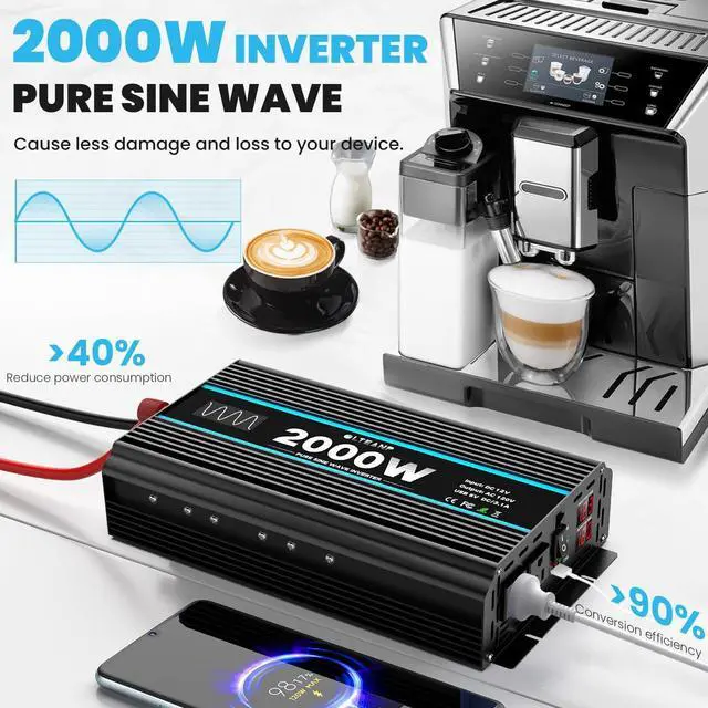 Alt view image 3 of 7 - 2000 Watts Pure Sine Wave Inverter 12V DC to 110/120V AC Power Inverter with 2 AC Outlets, 3.1A USB Port, LCD Display, Remote Controller, Car Power Converter for Truck, Home, Vehicles, Boat