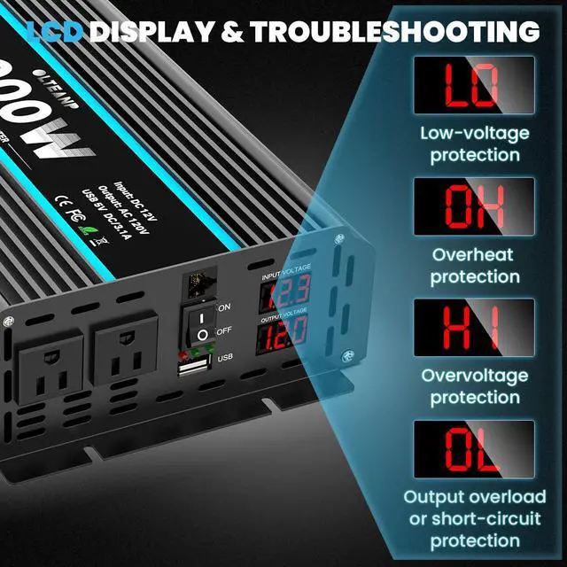 Alt view image 4 of 7 - 2000 Watts Pure Sine Wave Inverter 12V DC to 110/120V AC Power Inverter with 2 AC Outlets, 3.1A USB Port, LCD Display, Remote Controller, Car Power Converter for Truck, Home, Vehicles, Boat