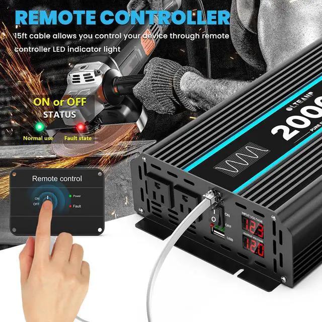 Alt view image 2 of 7 - 2000 Watts Pure Sine Wave Inverter 12V DC to 110/120V AC Power Inverter with 2 AC Outlets, 3.1A USB Port, LCD Display, Remote Controller, Car Power Converter for Truck, Home, Vehicles, Boat