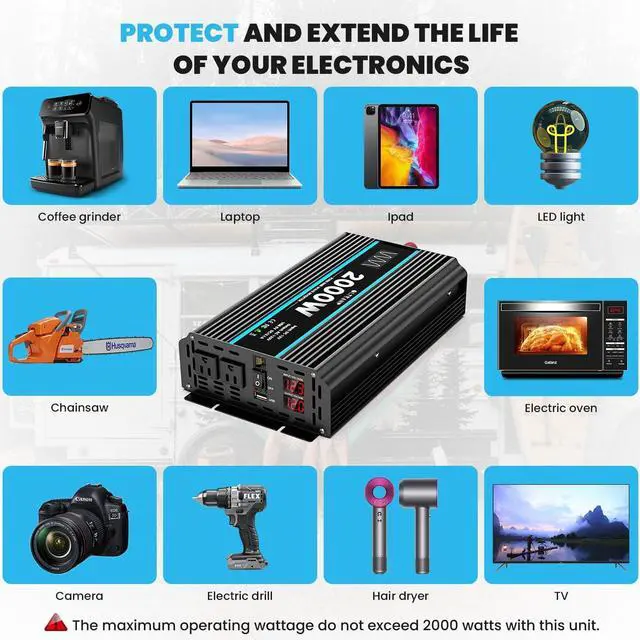 Alt view image 5 of 7 - 2000 Watts Pure Sine Wave Inverter 12V DC to 110/120V AC Power Inverter with 2 AC Outlets, 3.1A USB Port, LCD Display, Remote Controller, Car Power Converter for Truck, Home, Vehicles, Boat