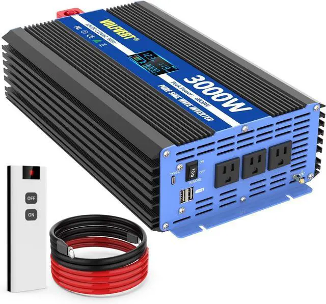 Main image of Pure Sine Wave Inverter 3000 Watt Pro, Home DC 12V to AC 110V 120V Power Car Converter with Three Sockets, Dual USB Port, Type-C Port, LCD Display, Remote Control, Smart Cooling Fans, Cable Included