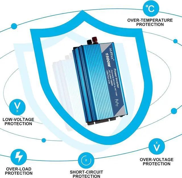 Alt view image 5 of 6 - 1500W Pure Sine Wave Inverter 12V to 110V with Built-in 5V/2.1A USB Port,Hardwire Terminal, LCD Display,12V DC to 120V AC Converter for Home, RV, Truck (1500W)
