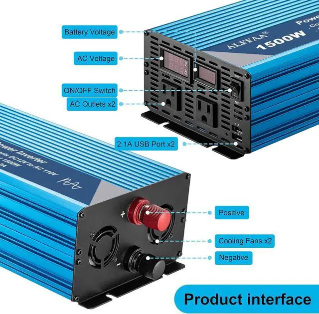 Alt view image 3 of 6 - 1500W Pure Sine Wave Inverter 12V to 110V with Built-in 5V/2.1A USB Port,Hardwire Terminal, LCD Display,12V DC to 120V AC Converter for Home, RV, Truck (1500W)