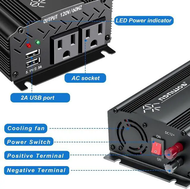 Alt view image 2 of 6 - 750W Power Inverter DC 12V to 110V AC Car Inverter with 4.2A Dual USB Car Adapter