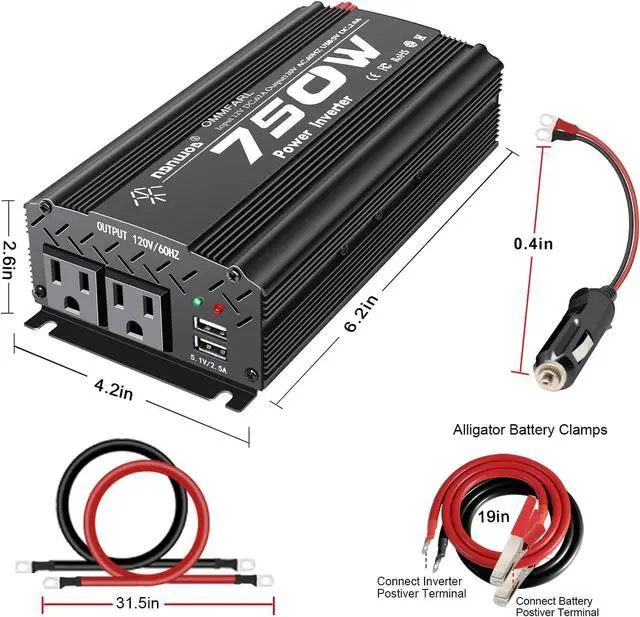 Alt view image 3 of 6 - 750W Power Inverter DC 12V to 110V AC Car Inverter with 4.2A Dual USB Car Adapter