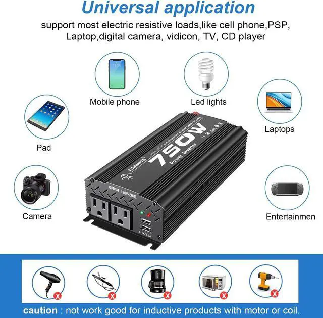 Alt view image 5 of 6 - 750W Power Inverter DC 12V to 110V AC Car Inverter with 4.2A Dual USB Car Adapter