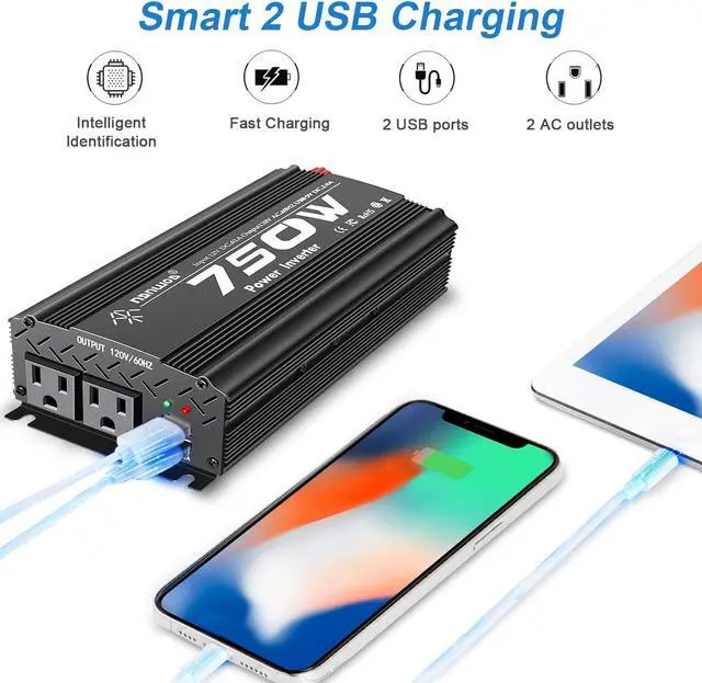 Alt view image 4 of 6 - 750W Power Inverter DC 12V to 110V AC Car Inverter with 4.2A Dual USB Car Adapter