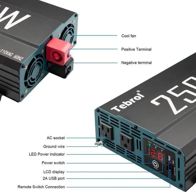 Alt view image 2 of 7 - 2500W Pure Sine Wave Inverter 12V DC to 110V AC Converter for Home, RV, Truck, Off-Grid Solar Power Inverter with Built-in 5V/2.1A USB, AC Hardwire Port, Remote Controller