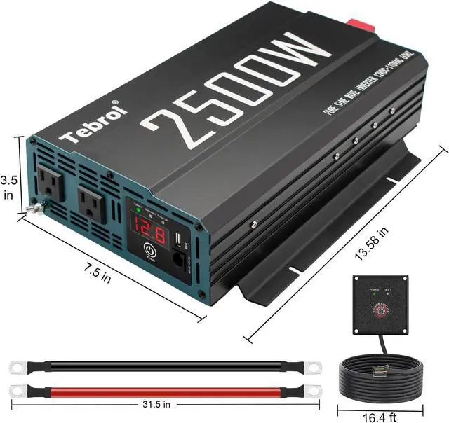Alt view image 3 of 7 - 2500W Pure Sine Wave Inverter 12V DC to 110V AC Converter for Home, RV, Truck, Off-Grid Solar Power Inverter with Built-in 5V/2.1A USB, AC Hardwire Port, Remote Controller