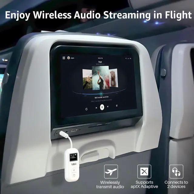 Alt view image 2 of 6 - SafeFly Pro Bluetooth 5.3 Transmitter Receiver, Wireless Audio Adapter w/Screen for 2 Bluetooth Headphones, AptX LL/HD/AD, Use with Any 3.5MM Jack on Airplane, TV & iPad/Tablet