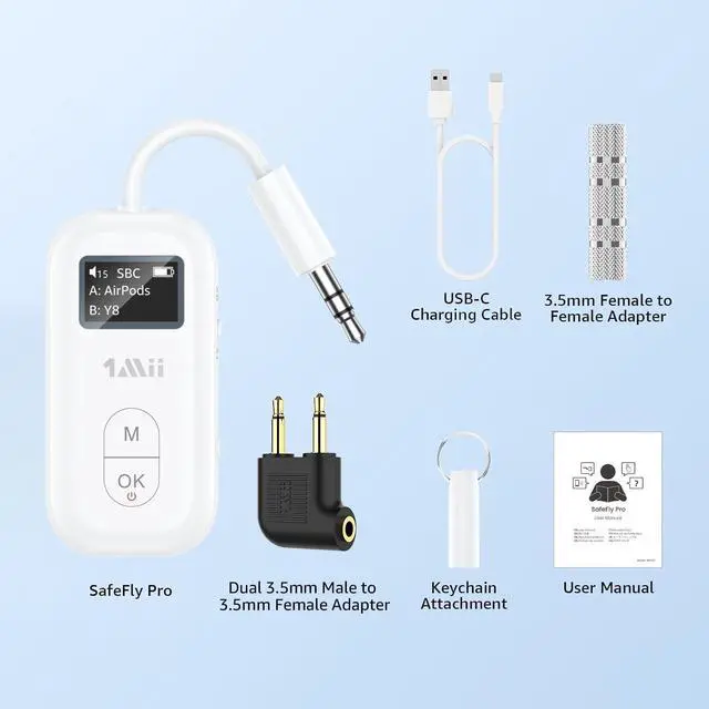 Alt view image 6 of 6 - SafeFly Pro Bluetooth 5.3 Transmitter Receiver, Wireless Audio Adapter w/Screen for 2 Bluetooth Headphones, AptX LL/HD/AD, Use with Any 3.5MM Jack on Airplane, TV & iPad/Tablet