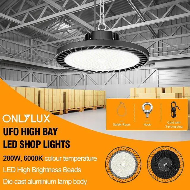 Alt view image 2 of 5 - 8 Pack LED High Bay Lights 200W, 30000LM 6500K UFO High Bay Led Shop Lights AC100-277V with Plug Industrial Warehouse Workshop Factory Barn Garage Area Lighting Fixture