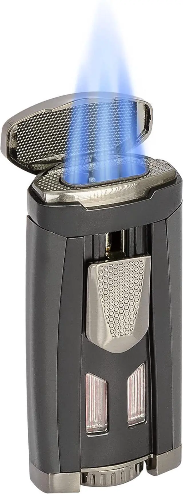Alt view image 2 of 7 - HP3 Triple Jet Flame Butane Torch Lighter, Silver | Wind Resistant, Refillable Fuel Tank with EZ-View Window, Adjustable Flame, Easy Push Ignition, Flip-Top Lid, High Altitude Tested