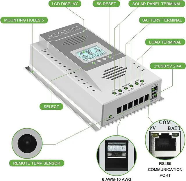 Alt view image 3 of 6 - MPPT Charge Controller 100 amp 12V/24V Auto, 100A Solar Panel Charge Regulator with Blacklight LCD Display Max 100V for Lead-Acid Sealed Gel AGM Flooded Lithium Battery+1.5M LCD485