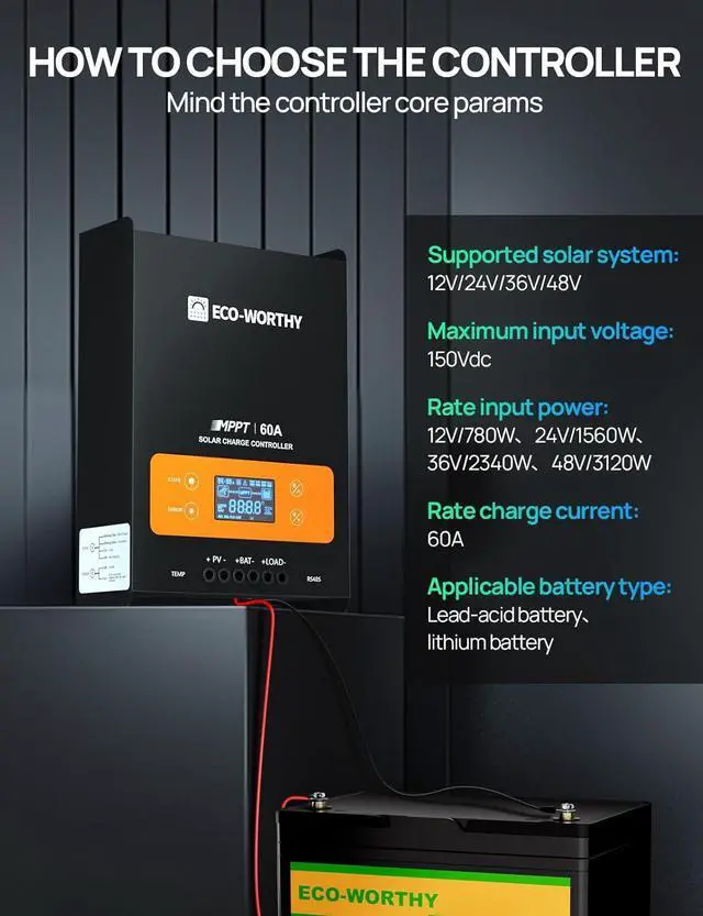 Alt view image 2 of 7 - 60A MPPT Solar Charge Controller Bluetooth, 12/24/36/48V Solar Panel Regulator for Lead-Acid/Lifepo4 Battery in Solar System RV