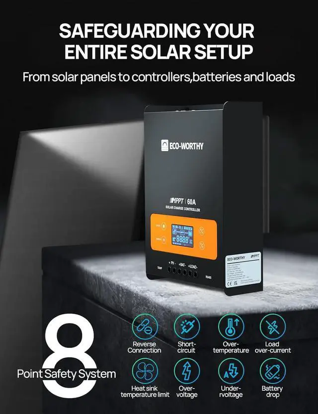 Alt view image 7 of 7 - 60A MPPT Solar Charge Controller Bluetooth, 12/24/36/48V Solar Panel Regulator for Lead-Acid/Lifepo4 Battery in Solar System RV