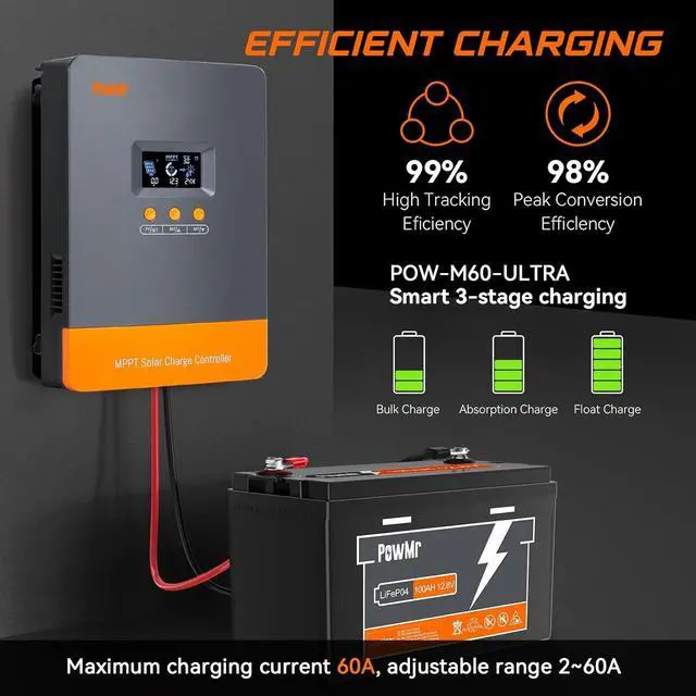 Alt view image 4 of 7 - MPPT Solar Charge Controller 60A 12V/24V/36V/48V Auto, 60Amp Solar Regulator Charging Current Can be Set in Range of 2~60A, Support up to 12 Solar Controller in Parallel