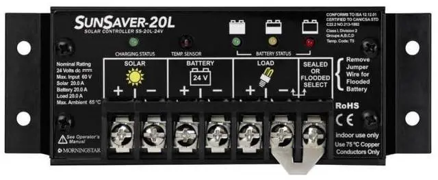 Main image of Morningstar SunSaver 20A PWM Solar Charge Controller (SS-20L-24V) - Solar Panel Regulator for 24V Batteries, Four Stage Battery Charging, LVD, HazLoc Rated, Low Noise, 5 Year WTY - Designed in the USA