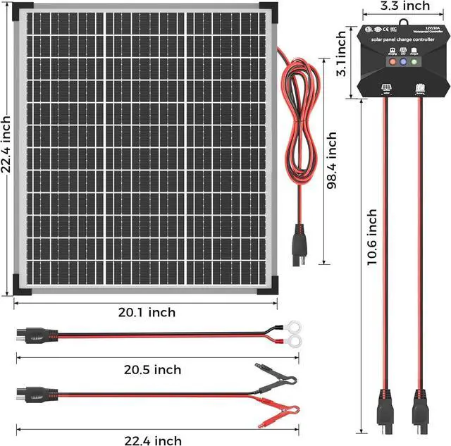 Alt view image 6 of 7 - 50W Solar Panel Kit, 12V Solar Battery Trickle Charger Maintainer + 10A MPPT Charge Controller + Adjustable Mount Bracket,Waterproof Solar Panel Battery Charger for Car Boat Marine RV Roof
