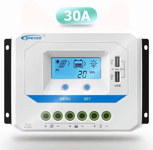 Main image of Solar Charge Controller 30A 12V/24V Auto Work, Solar Panel Solar Charge Controller PWM Regulator with LCD Display and USB 5V Output, for Lead-Acid Gel Sealed Flooded Battery