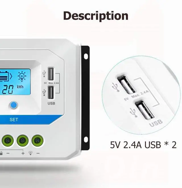 Alt view image 7 of 7 - Solar Charge Controller 30A 12V/24V Auto Work, Solar Panel Solar Charge Controller PWM Regulator with LCD Display and USB 5V Output, for Lead-Acid Gel Sealed Flooded Battery