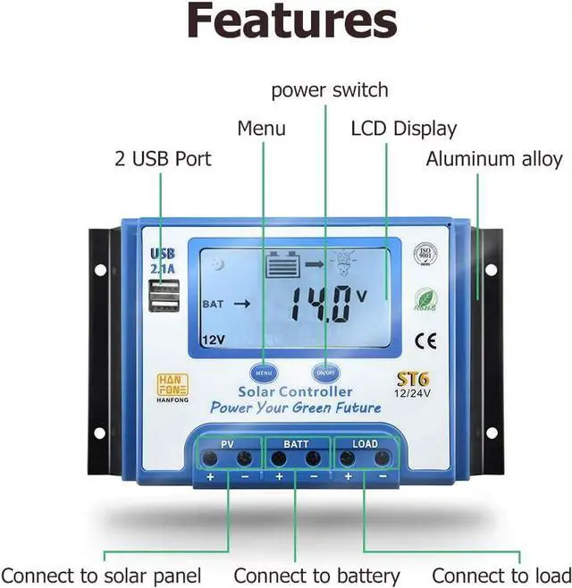Alt view image 3 of 6 - 40A Solar Charge Controller 12V/24V Automatic Voltage Recognition Solar Panel Charging Discharge Regulator with Dual 5V USB Output Backlight LCD Display