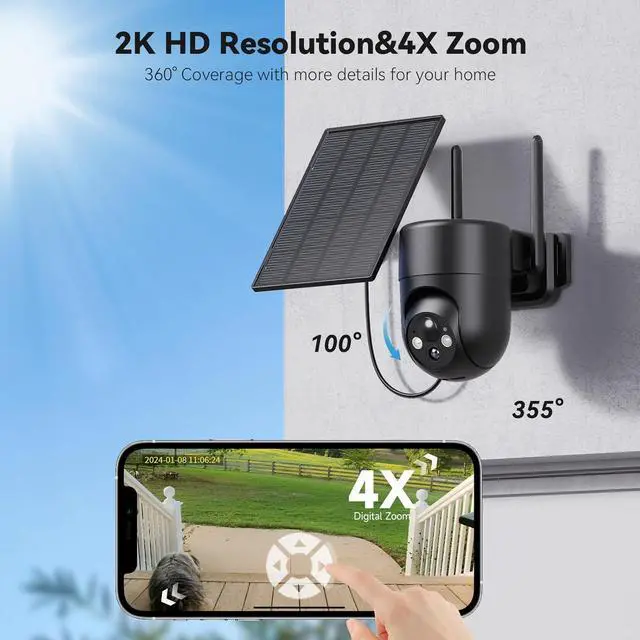 Alt view image 2 of 7 - Security Cameras Wireless Outdoor, 2K Color Night Vision, Solar Camera Outdoor Wireless for Home Security, 360°Panoramic View, Weatherproof, 2.4GHz WiFi, 2pack