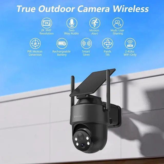 Alt view image 3 of 7 - 2K Security Cameras Wireless Outdoor-360° PTZ Cameras for Home Security with Solar Panel/Battery Powered, Night Vision, Two-Way Audio, PIR Sensor, Works with Alexa, R1 4P Black (2.4Ghz Only)