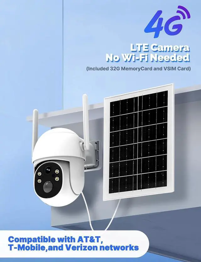 Alt view image 2 of 7 - 4G LTE Cellular Solar Security Camera, Lifetime Free Unlimited Data 2K Wireless Outdoor Surveillance, Color Night Vision, AI PIR Motion Sensor Detection, Built-in VSIM Card, 32GB Storage