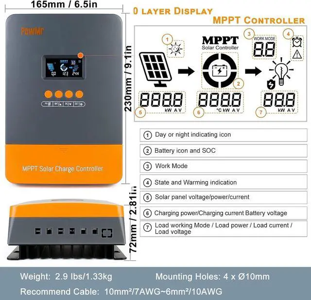 Alt view image 2 of 7 - 60Amp MPPT Solar Charge Controller, 12V/24V/36V/48V Auto, Fit for Lead-Acid Lithium Battery, MAX 160V 2800W Input Solar ChargeSupport Up to 12 Units in Parallel