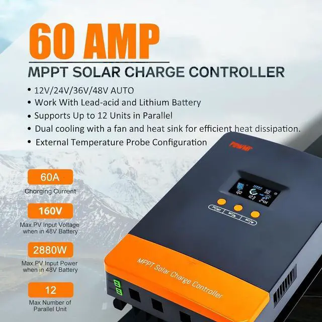 Alt view image 3 of 7 - 60Amp MPPT Solar Charge Controller, 12V/24V/36V/48V Auto, Fit for Lead-Acid Lithium Battery, MAX 160V 2800W Input Solar ChargeSupport Up to 12 Units in Parallel