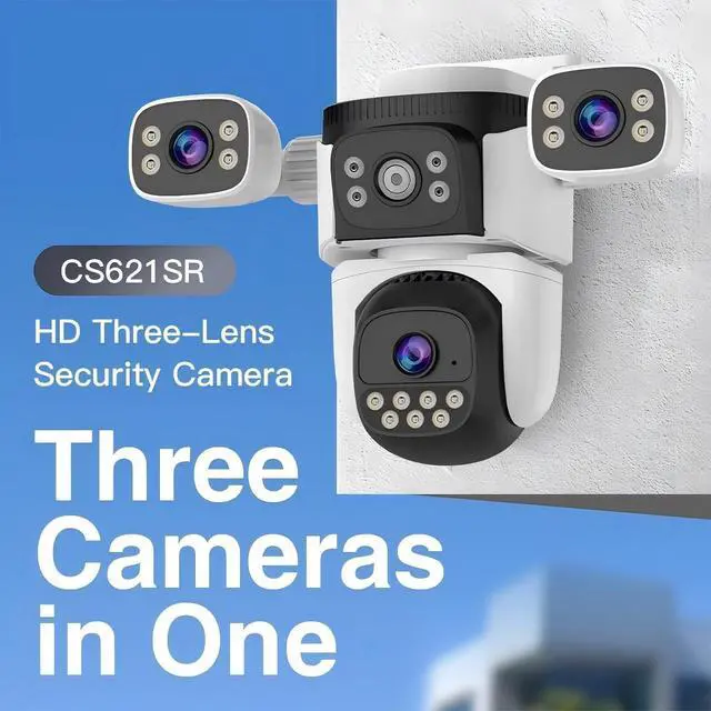 Alt view image 2 of 7 - Triple Lens WiFi PTZ Security Camera, Three Cameras in One, Side Cameras with Adjustable All-Angle Arm, 2K 360° View No Blind Spot, Auto Tracking, Spotlight, 2 Way Audio