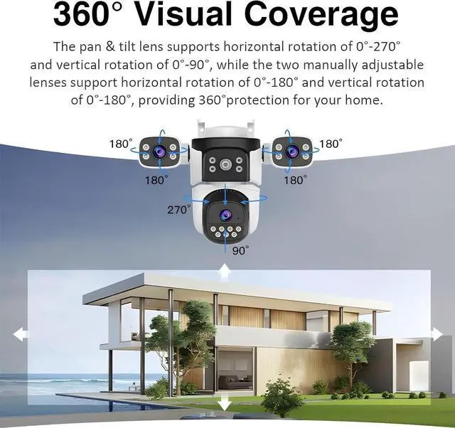 Alt view image 4 of 7 - Triple Lens WiFi PTZ Security Camera, Three Cameras in One, Side Cameras with Adjustable All-Angle Arm, 2K 360° View No Blind Spot, Auto Tracking, Spotlight, 2 Way Audio