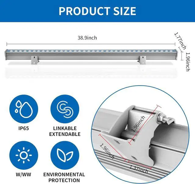 Alt view image 2 of 7 - Wall Washer Lights Bar Outdoor,3000K Sign Lighting Wall Wash Outside 36W Linear Outdoor Landscape Light 38.9 Inches with US Plug 120V for Advertising Billboards,Building Commercial Lighting