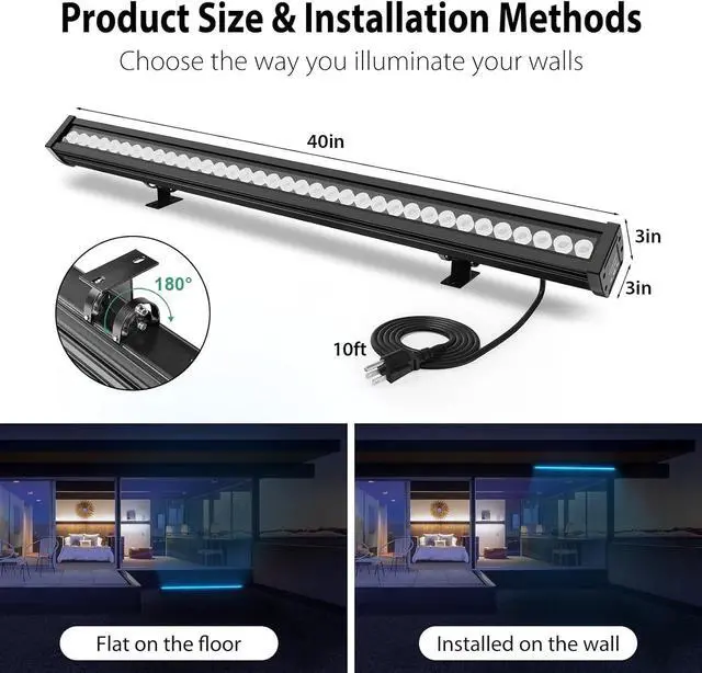 Alt view image 2 of 7 - LED Wall Washer Light with RF Remote, 144W RGBW Waterproof Color Changing Wash Light Bar, 120V 40" Heavy Duty Commercial Light Fixtures for Outdoor & Indoor Lighting Projects