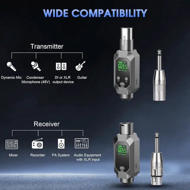 Alt view image 6 of 7 - Wireless XLR Transmitter and Receiver UHF Wireless Microphone System for 262ft Range 8Hrs Battery Wireless Transmitter & Receiver Mic Adapter for Condenser, Dynamic Mics, PA, Mixer,Guitar