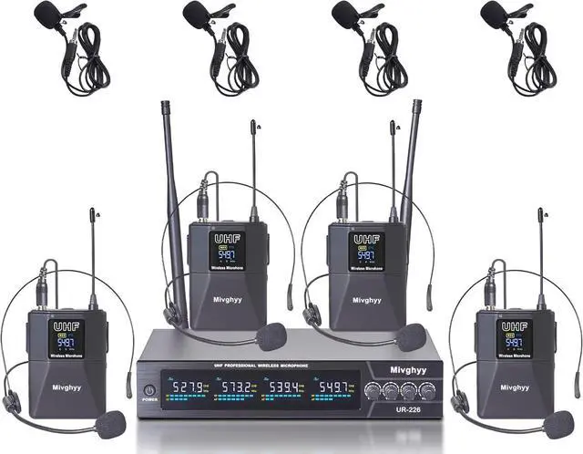 Main image of Wireless Microphones System with UHF Headset/Lavalier Lapel Mics, Bodypack Transmitter, 4 x 50 Channels, 164ft Range for Church Conference Performance Singing Karaoke PA Speaker Mixer