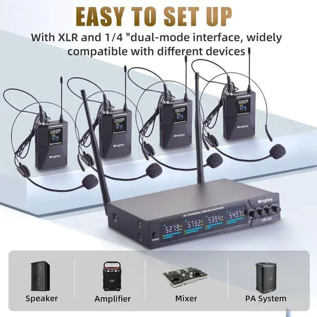 Alt view image 3 of 7 - Wireless Microphones System with UHF Headset/Lavalier Lapel Mics, Bodypack Transmitter, 4 x 50 Channels, 164ft Range for Church Conference Performance Singing Karaoke PA Speaker Mixer