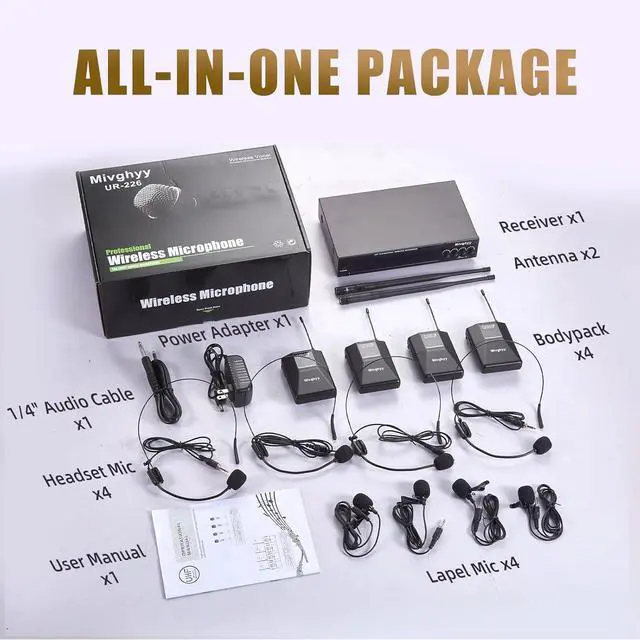 Alt view image 7 of 7 - Wireless Microphones System with UHF Headset/Lavalier Lapel Mics, Bodypack Transmitter, 4 x 50 Channels, 164ft Range for Church Conference Performance Singing Karaoke PA Speaker Mixer