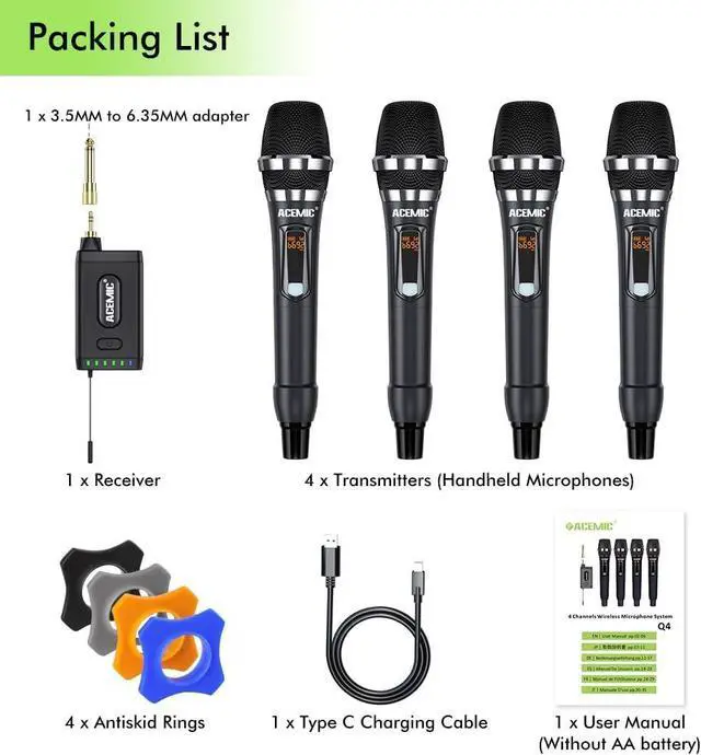 Alt view image 7 of 7 - UHF Wireless Microphone System 4-Channel Cordless Mic with 4 Handheld Dynamic Microphones for Church, Speech, Weddings, Karaoke Machine, Q4