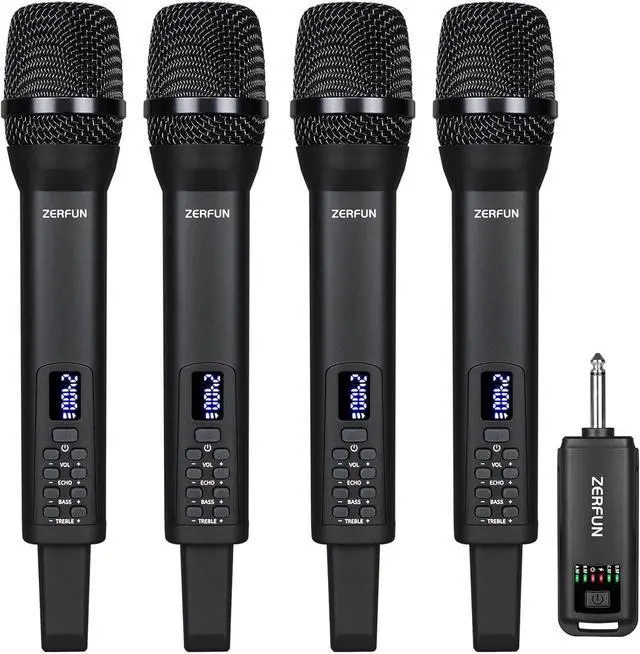 Main image of Rechargeable Wireless Microphones 4, Pro Handheld Cordless Mics System Dynamic with Echo Treble BASS VOL Control for Karaoke Singing Church Party, 1/4'' Output, D240, Black
