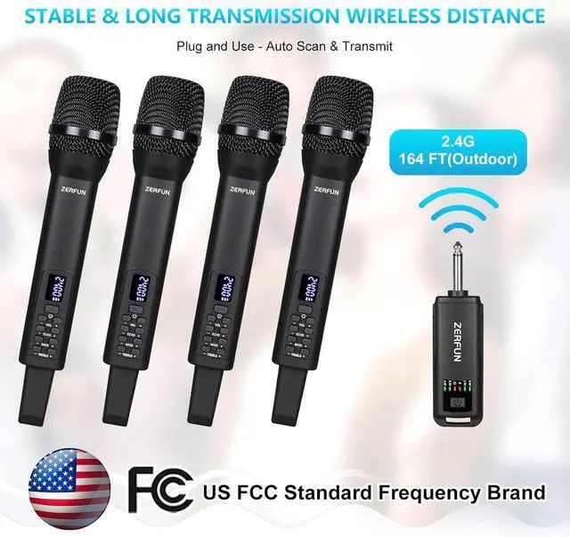Alt view image 5 of 7 - Rechargeable Wireless Microphones 4, Pro Handheld Cordless Mics System Dynamic with Echo Treble BASS VOL Control for Karaoke Singing Church Party, 1/4'' Output, D240, Black
