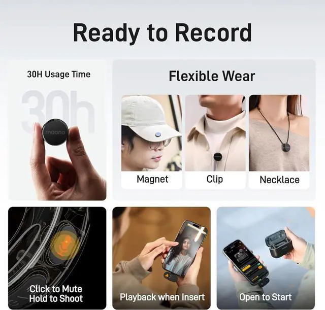 Alt view image 4 of 7 - MAONO Wireless Lavalier Microphone for iPhone 16/15/Android/Tablet, USB C Plug Mini Mic with 48KHz 24Bit, 300m Range, Voice Filter, Noise Cancellation, 30H Use for Video Recording, Streaming - Wave T5