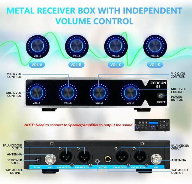 Alt view image 2 of 7 - 4 Channel Rechargeable Wireless Microphone System, Pro UHF Metal Headset Lavalier Lapel Cordless Mics Handheld for Karaoke Singing Church with VOL Control, 4x50 Adjustable Frequency(G8)