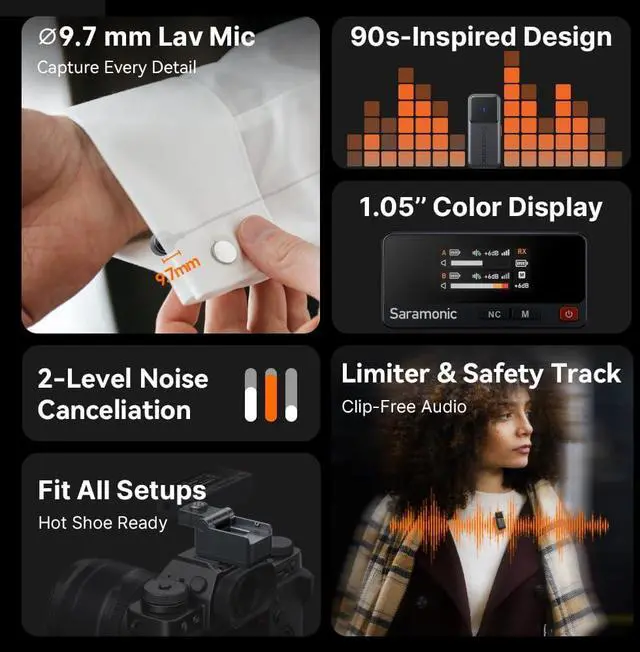 Alt view image 3 of 7 - Air 2-Person Wireless Micro Lavalier Microphone for iPhone/Camera/Android/PC 24-bit/48kHz, Noise Canceling, Limiting, Headphone Out, 120dB Max SPL, for Streaming, YouTube, Interviews, Vlog